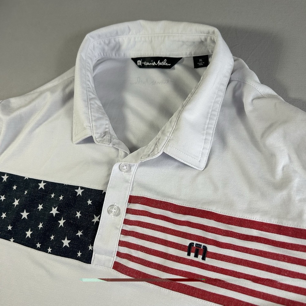 Mens TravisMathew Polo Shirt USA Flag Patriotic Golf Pima Cotton XL White July